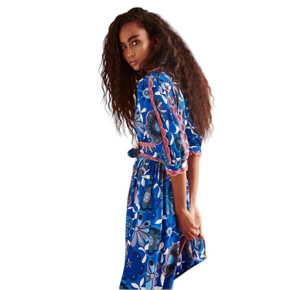 CeliaB Merapi Belted Puff Sleeve Corduroy Print Midi Dress Blue Women’s Size XL - Picture 5 of 12